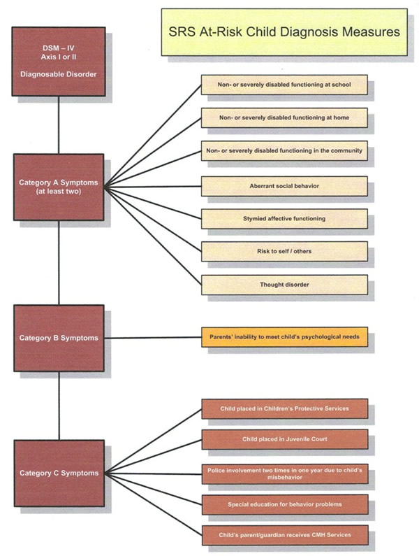 SRS At-Risk Child Diagnosis Measures chart showing DSM criteria and functional assessment categories